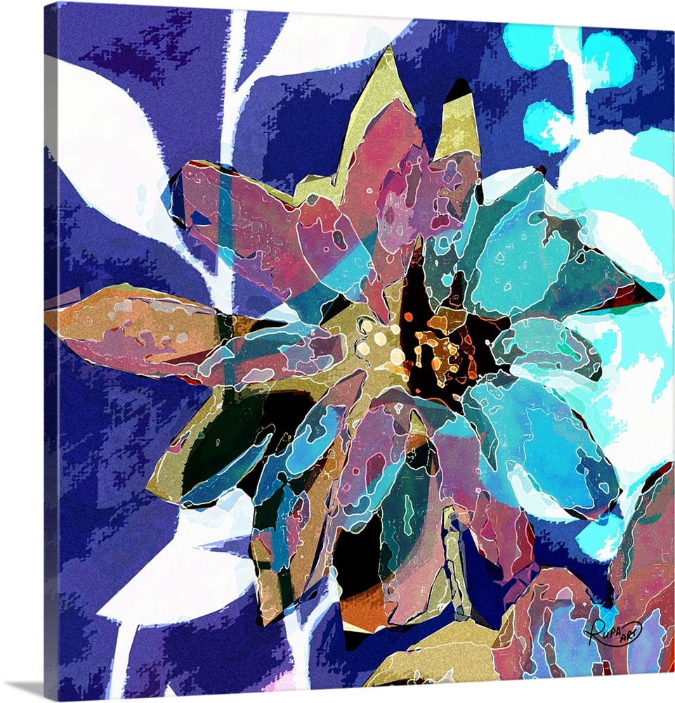 Square abstract art of a big flower created with white lines and a patched on color look in shades of blue.
