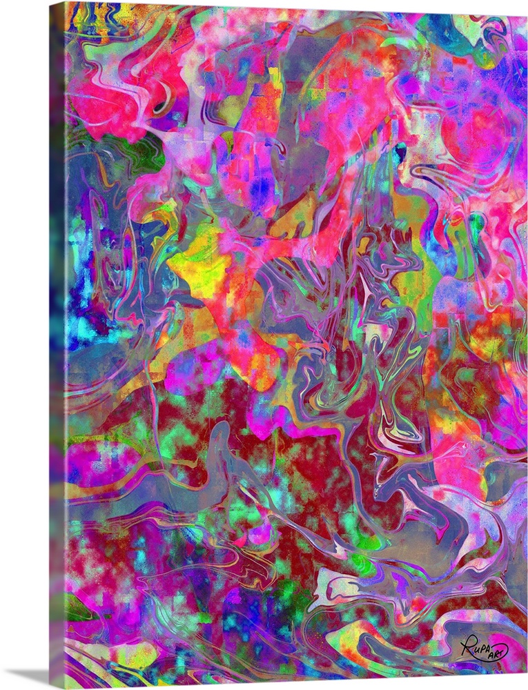 Pink and purple based abstract art with bright colors swirled and formed together.