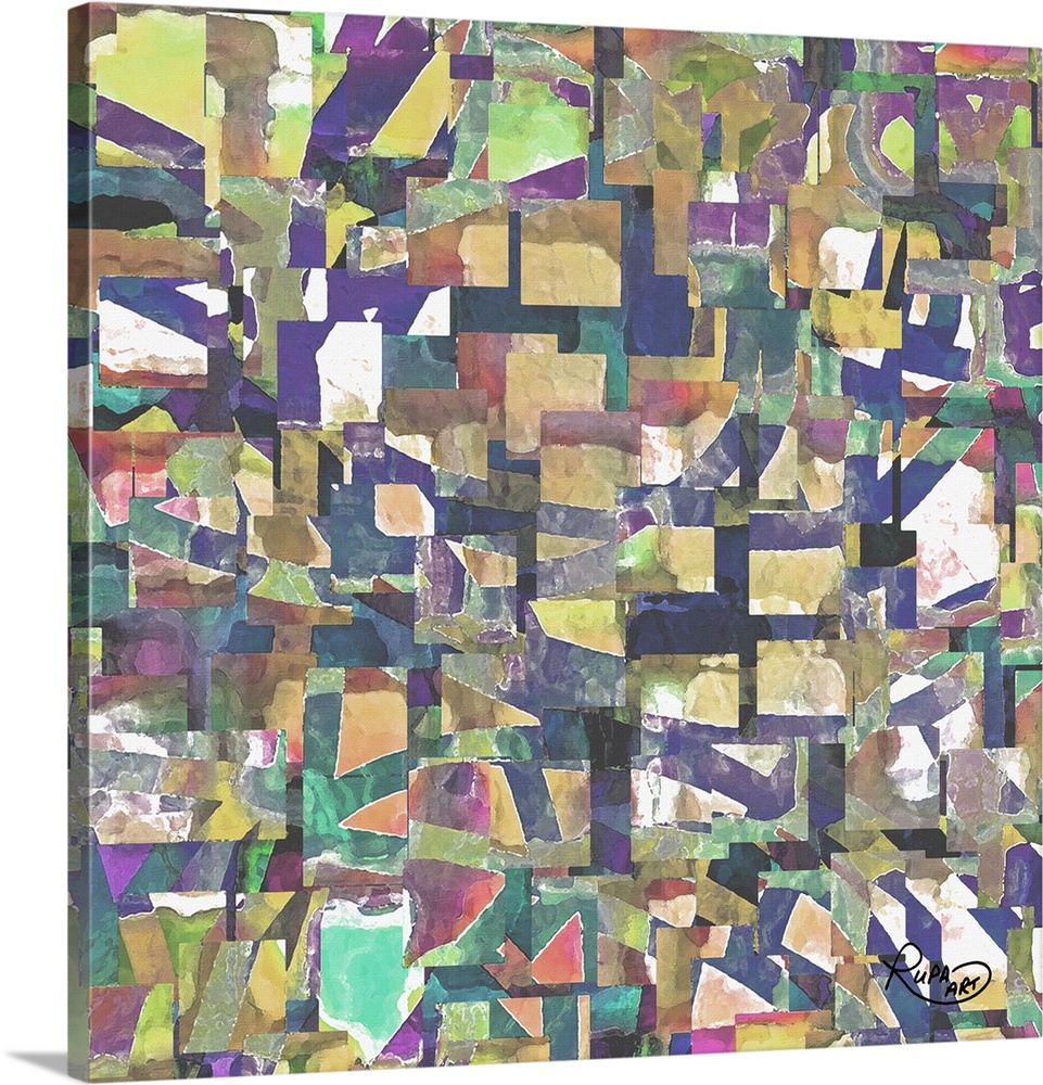 Square abstract art made out of  straight-edged sections of color collaged together creating layers of depth.