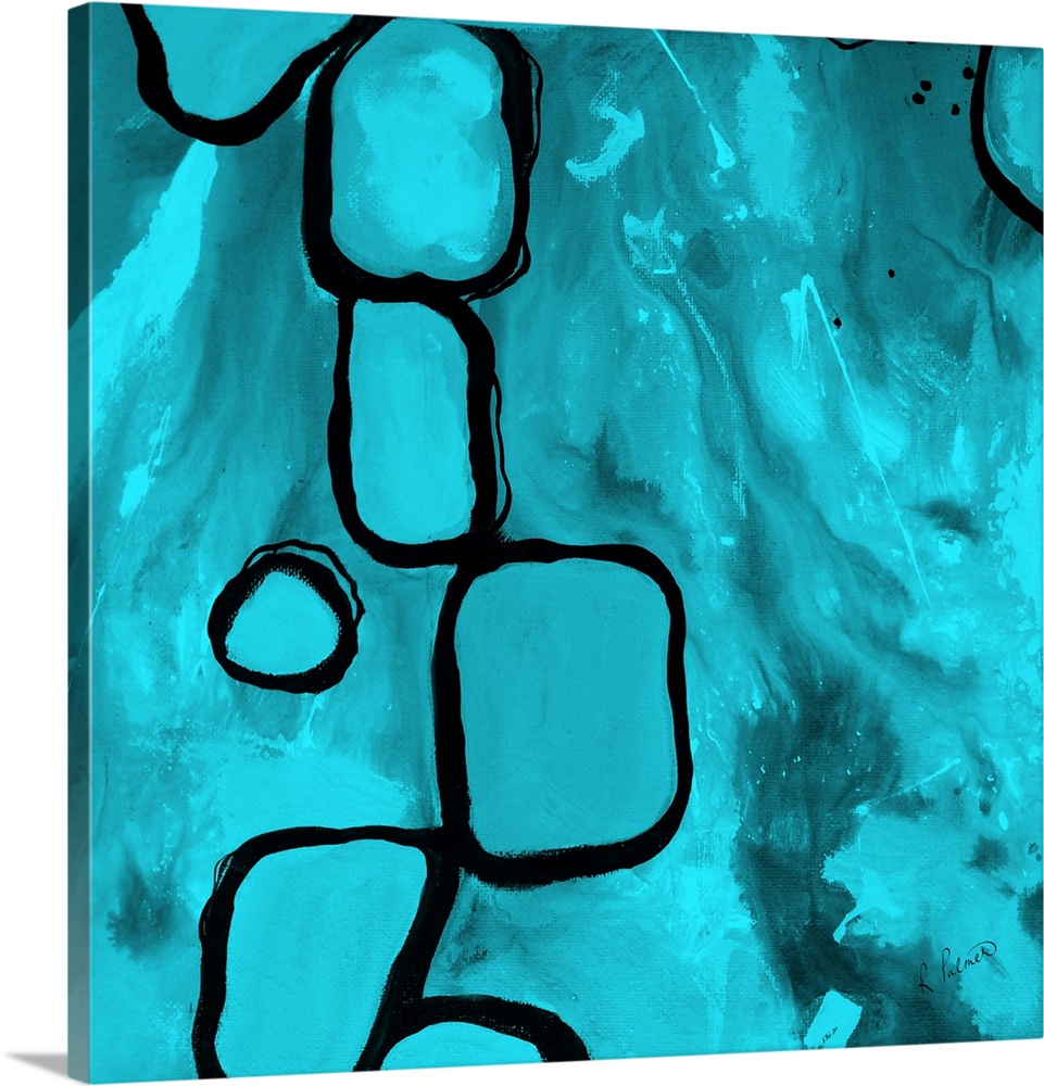Contemporary abstract painting using aqua blue and bold lined organic shapes.