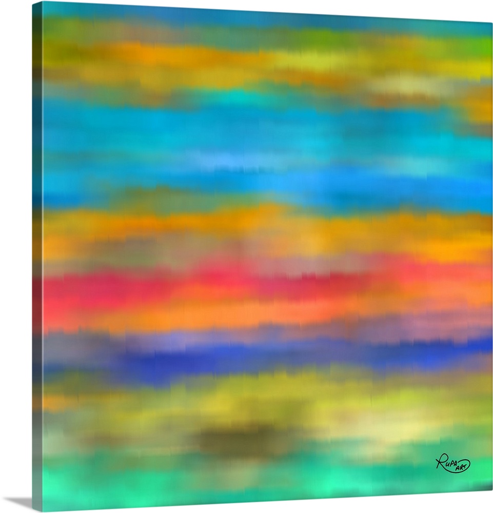 Contemporary abstract art of layers of vivid color in blue, gold, and red, resembling a cloudy morning sky.