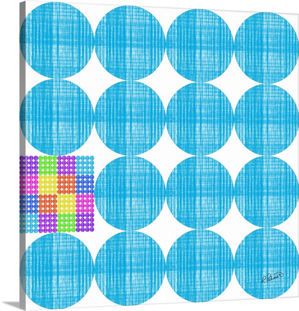 Rows of blue circles in a cross hatching pattern with one multi-colored square.