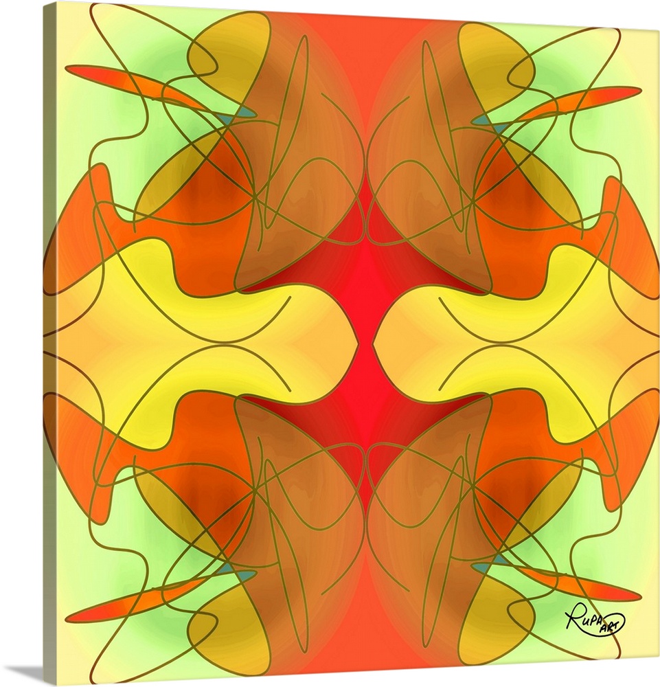 Contemporary digital artwork in vibrant yellow and orange intersecting shapes with swirling lines.