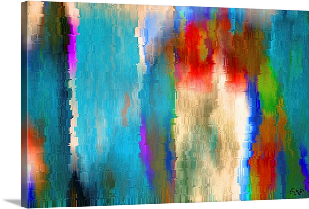 Large, colorful abstract art with overlaying texture.