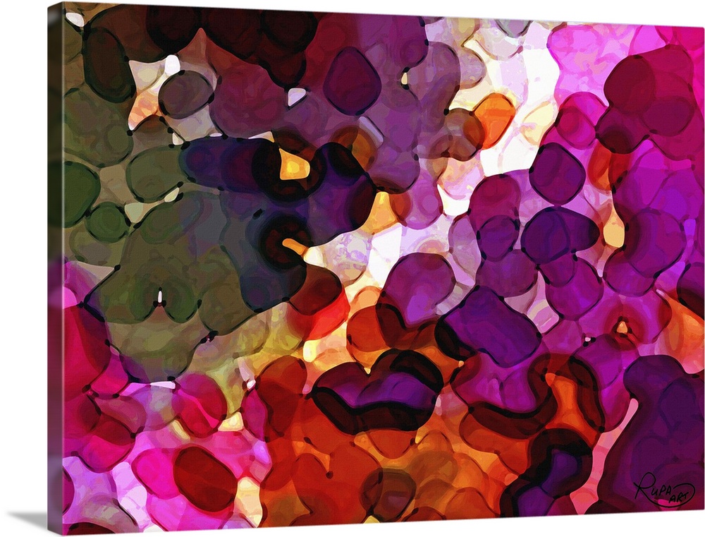 Large, abstract art with blobs of pink, purple, and orange hues layered on top of each other.