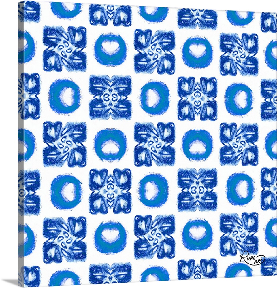 Square artwork with a repetitive pattern of brush stroked circles in blue and white.