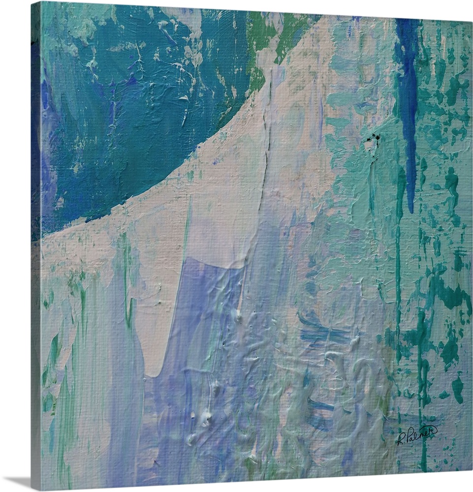 Square cool toned abstract painting with different shades of blue and hints of green layered on top of each other creating...
