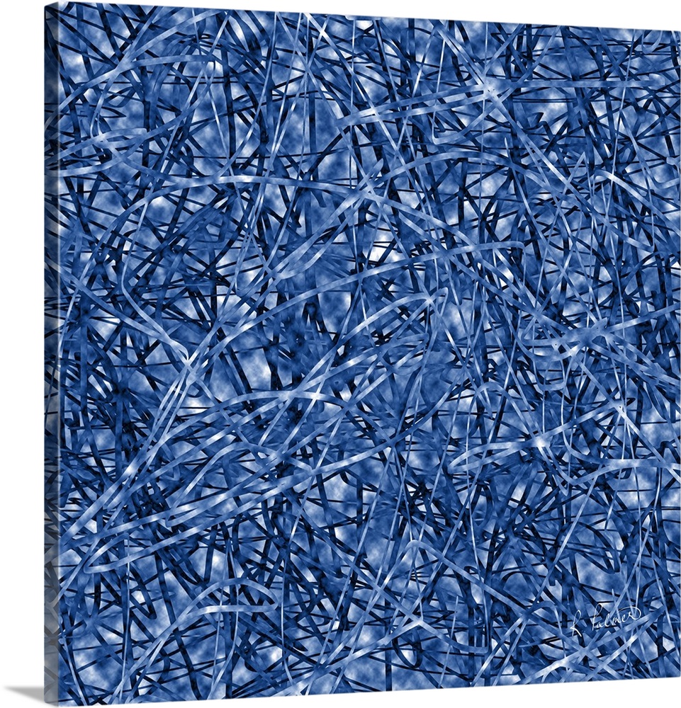 Contemporary abstract painting using a light navy blue in continuous interweaving webs.