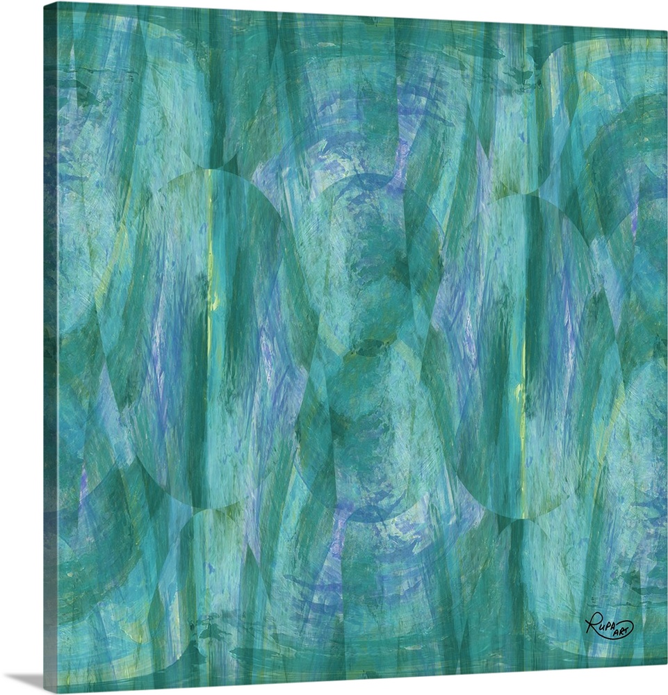 Square abstract painting in textured brush strokes of blue, purple and green.