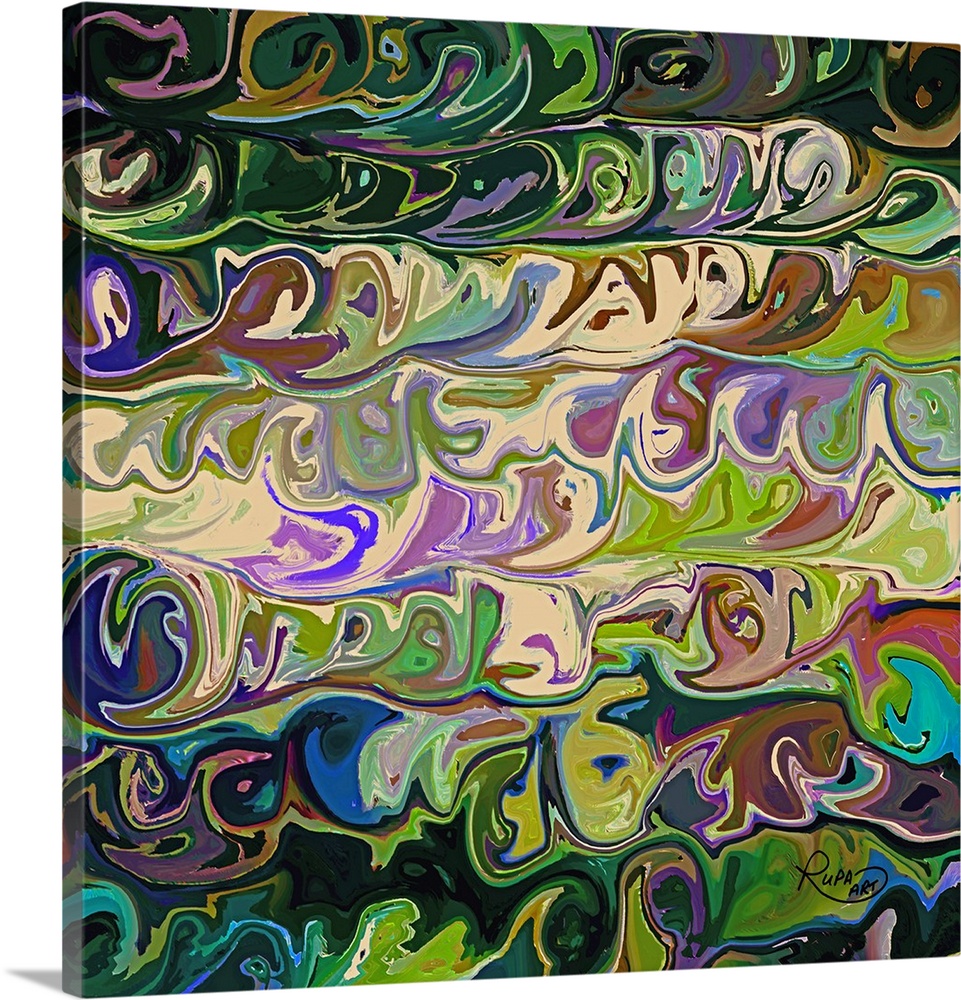 Square abstract art with wave-like patterns of darker toned colors meshed together.