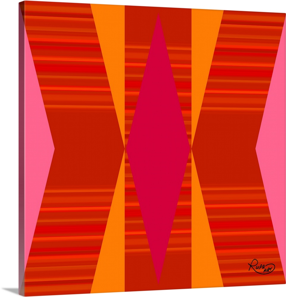 Square abstract of striped diagonal lines in vibrant colors of pink, orange and red.