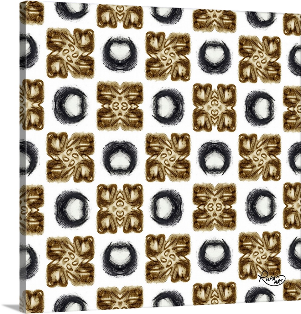 Square artwork with a repetitive pattern of brush stroked circles in brown, black and white.