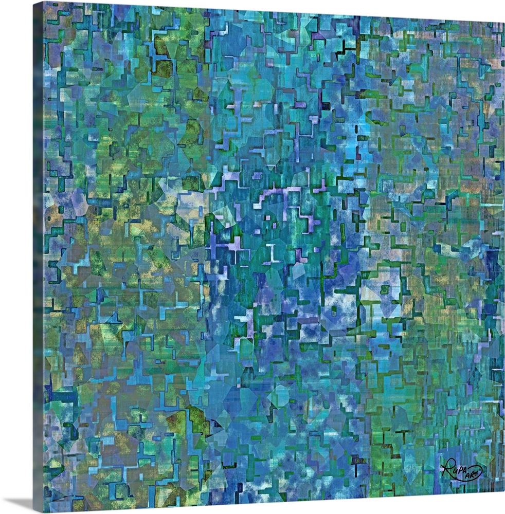 Square abstract artwork in shades of blue with a small textured blocked design.