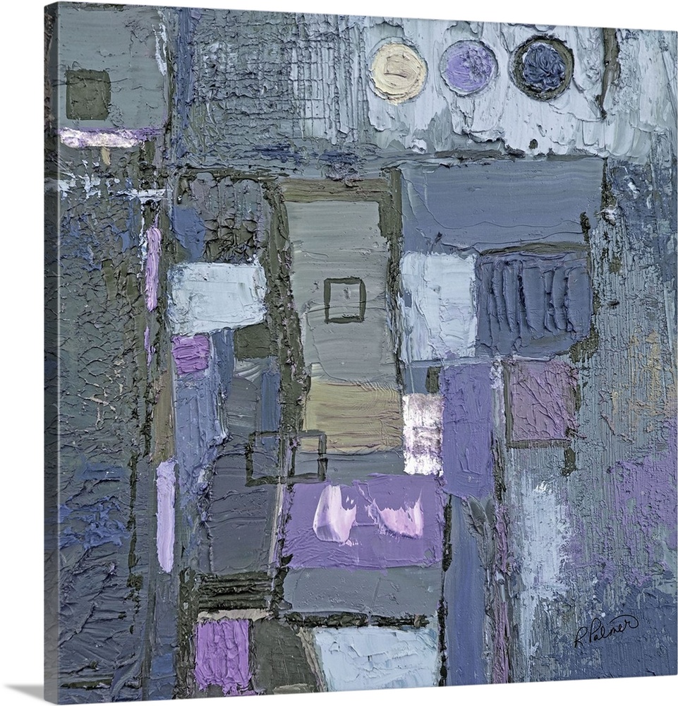 Square abstract painting created with geometric shapes, thick paint, and shades of purple and gray with hints of tan.