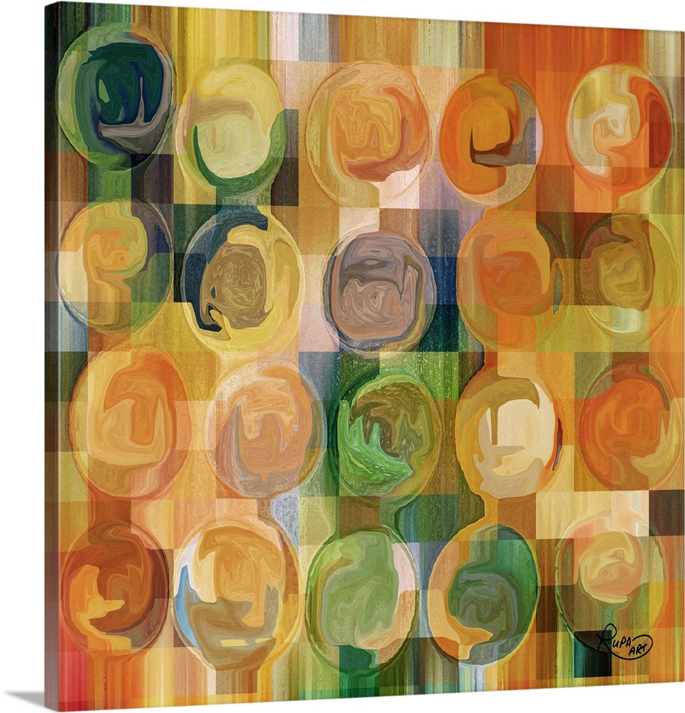 Square abstract art with a colorful checkered background and swirly circles on top.