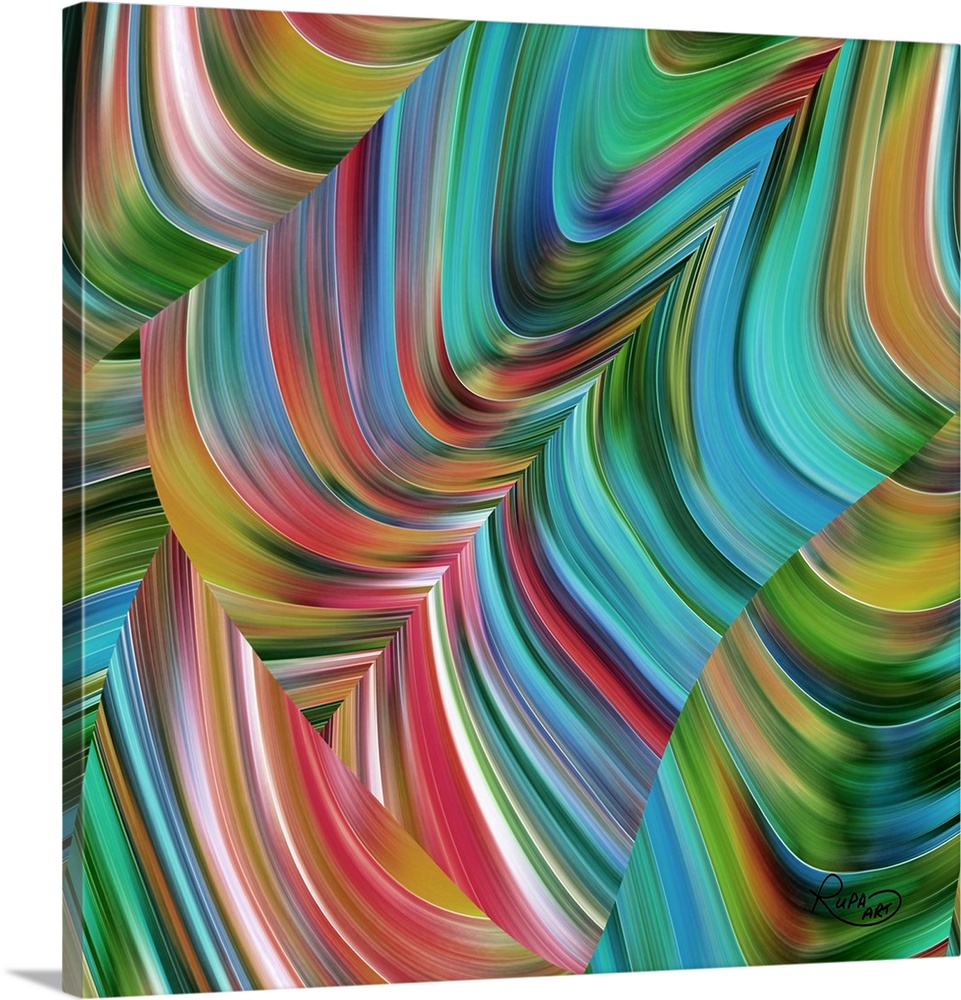 Square abstract art with gradients of color made out of thin lines and arched together creating movement.