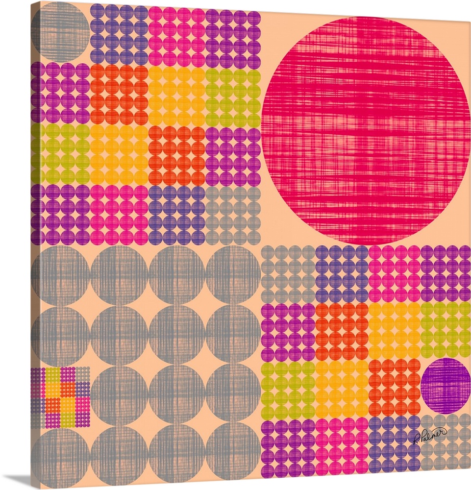 Square shapes made of rows of circles in a cross hatching pattern in vibrant colors.