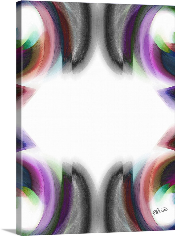 An abstract design of curved colors along the edges on a white backdrop.