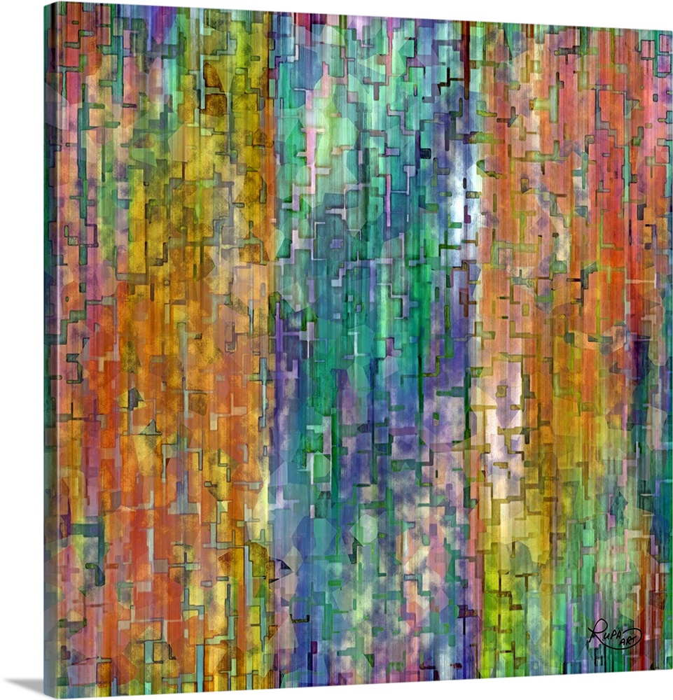 Square abstract artwork in a rainbow of colors with small block and line shapes.