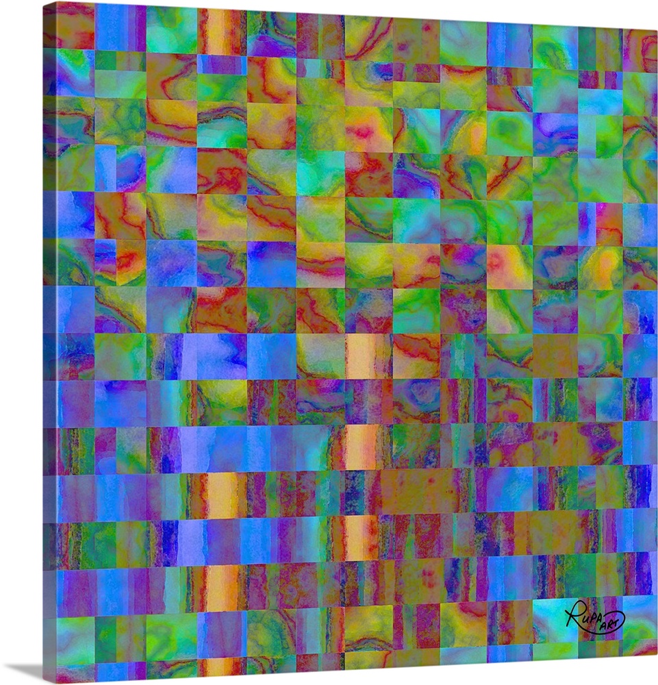 Square abstract art with a square grid pattern in blue, green, and red hues.