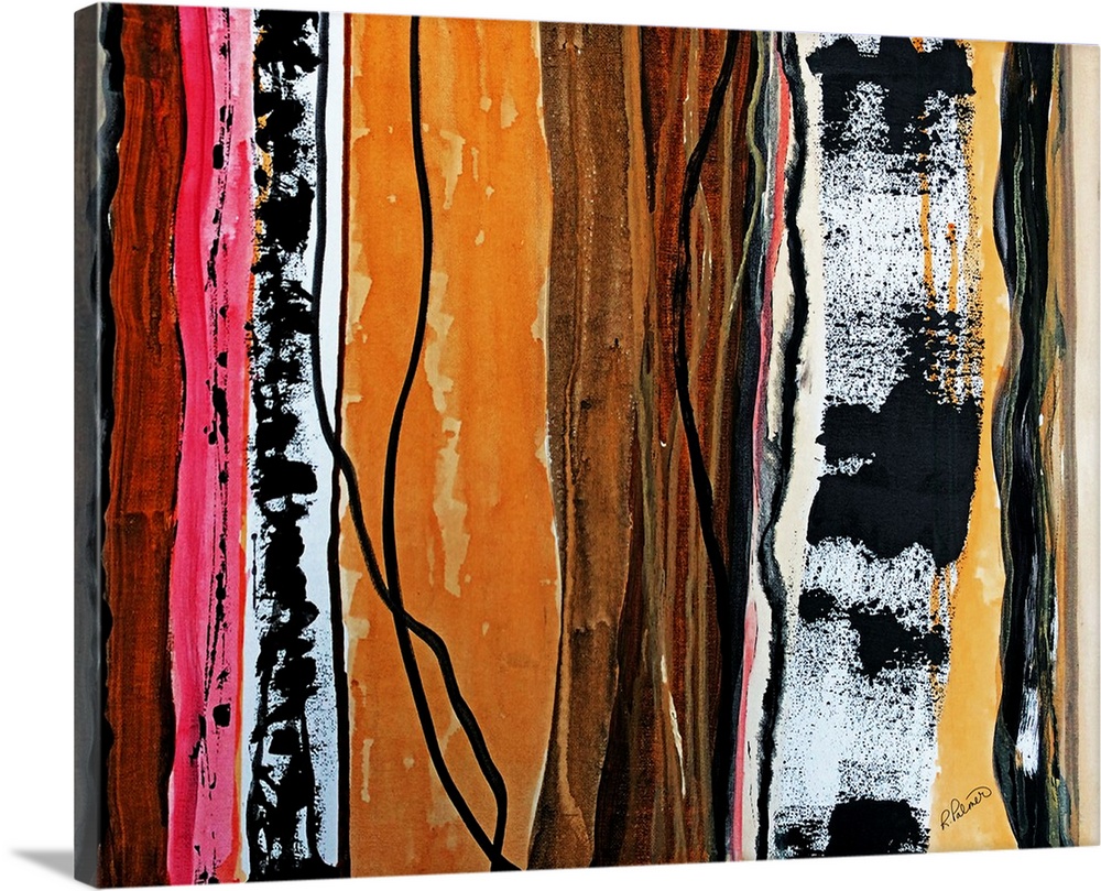 Abstract painting with vertical sections of color and designs in orange, brown, pink, black, and white hues.
