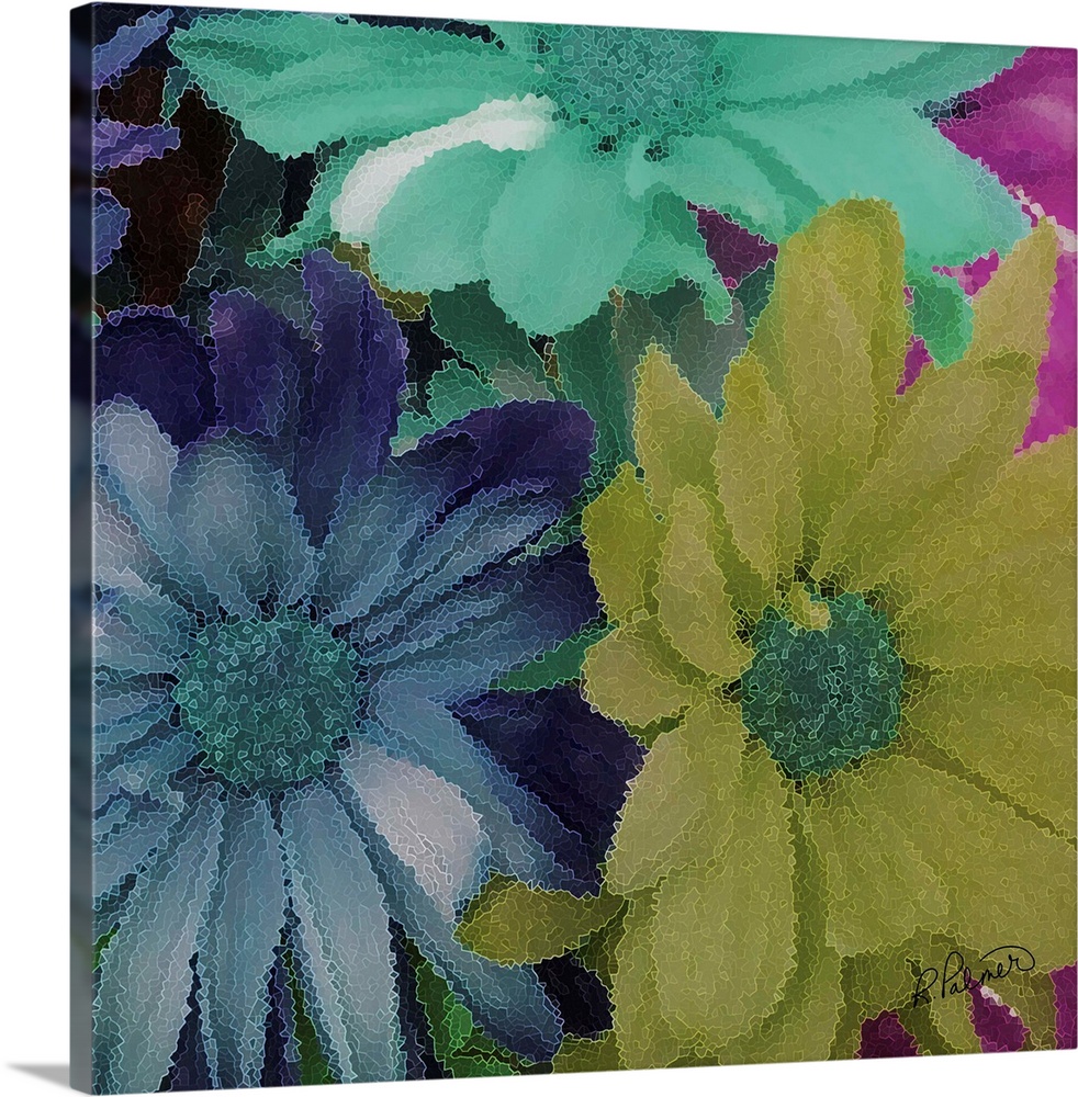 A square image of a bouquet of daisies with a textured effect.