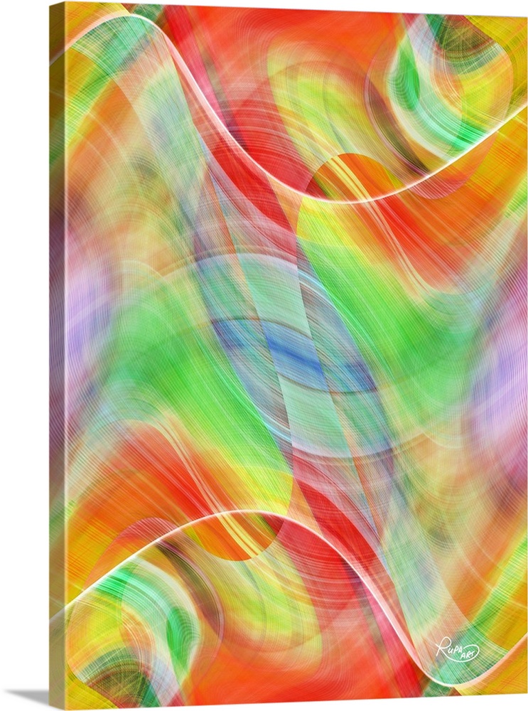 Vertical abstract of swirled lines of vibrant colors such as red, green and yellow.