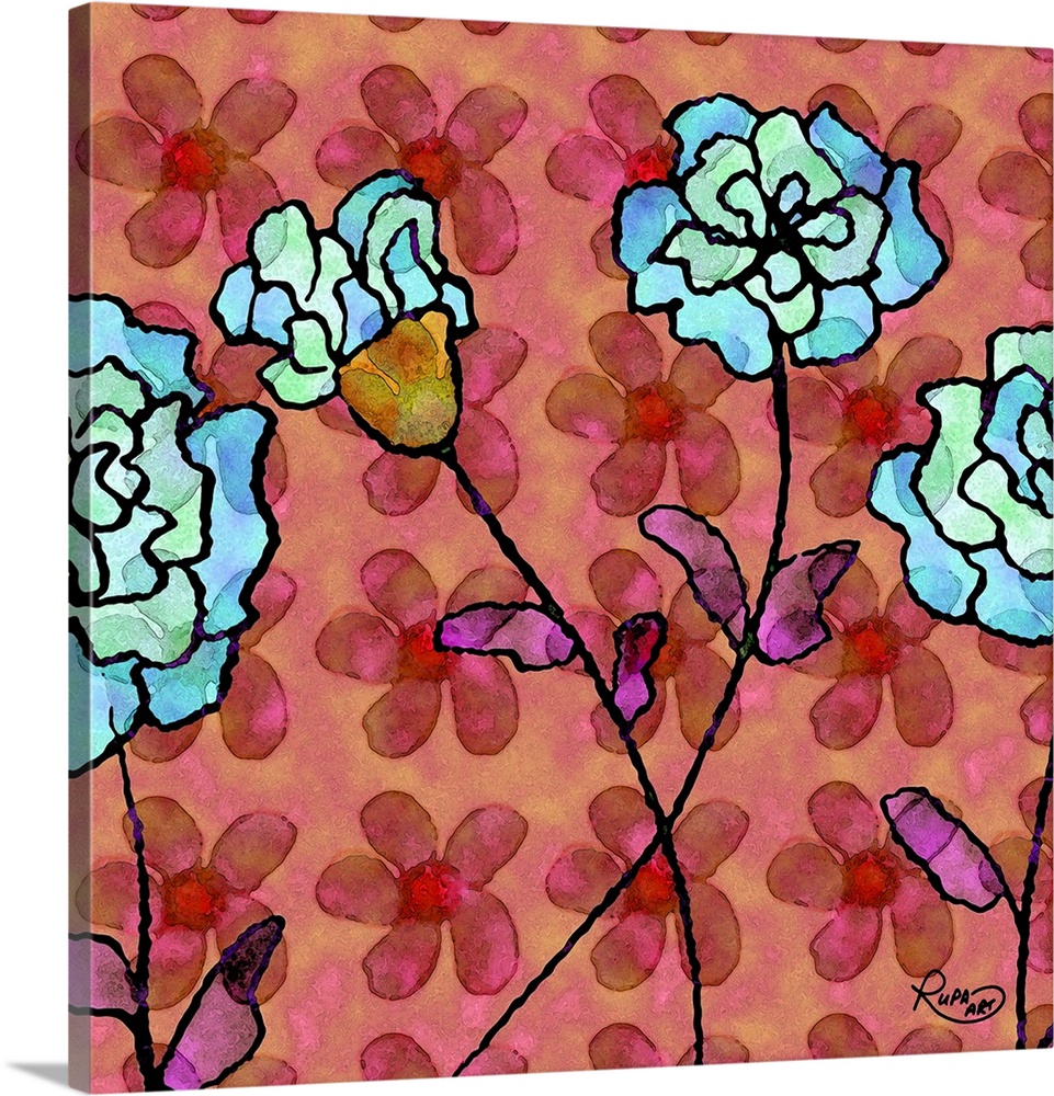 Square abstract art with blue flowers outlined in black on a red and pink background with a floral pattern.