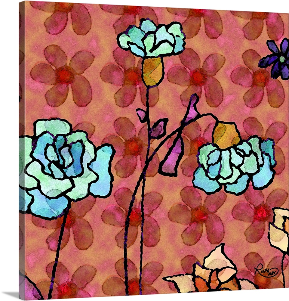 Square abstract art with blue flowers outlined in black on a red and pink background with a floral pattern.