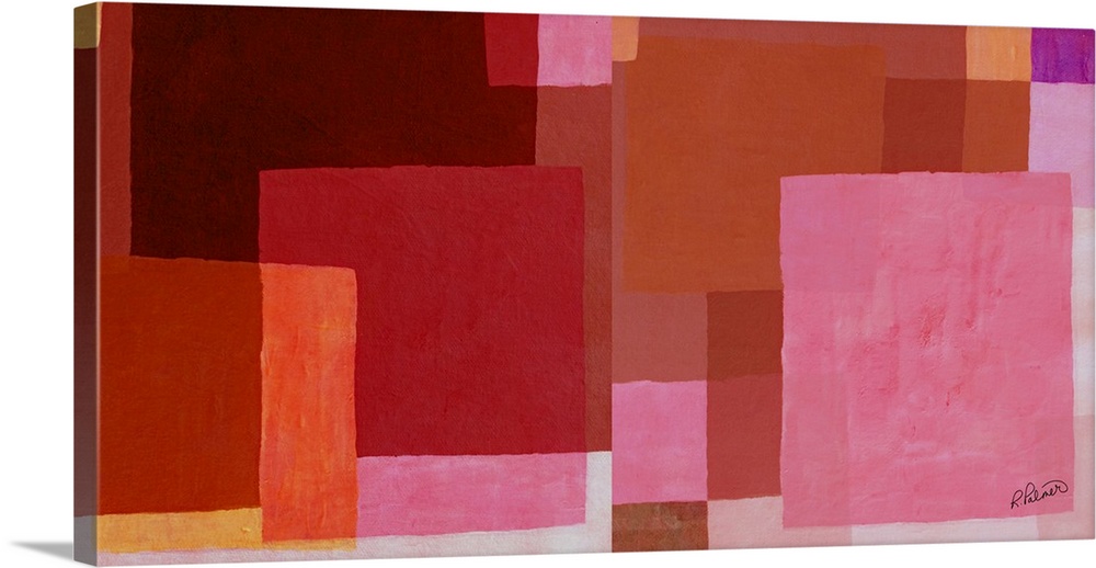 Abstract painting with layered geometric squares in shades of pink, red, orange, and purple.