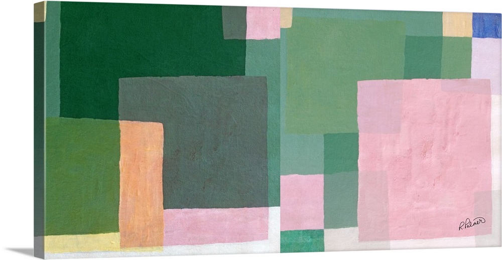 Abstract painting with layered geometric squares in shades of green, pink, yellow and  blue.