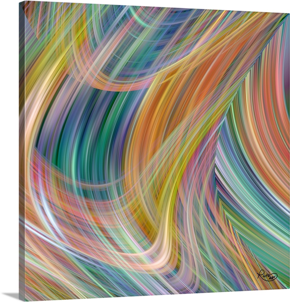 Square abstract of striped swirled shapes in a multi-colored design.