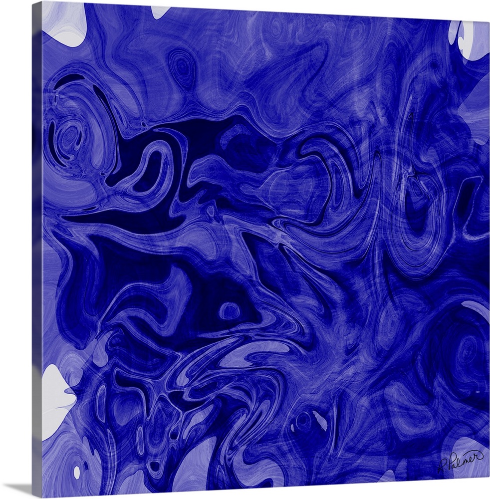 A square image of varies shades of blue layering in swirled shapes.
