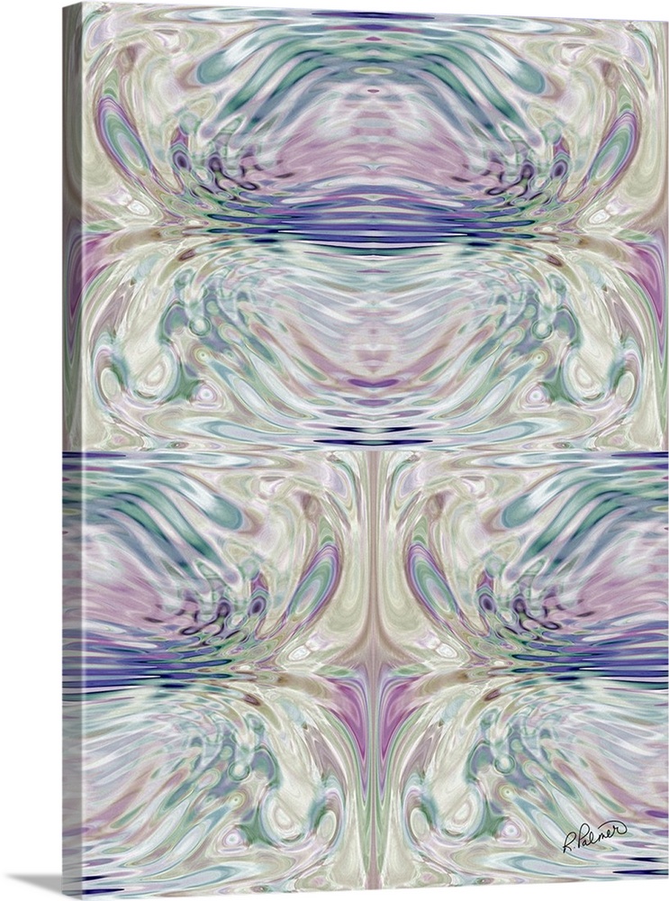 A vertical abstract of mirrored swirled designs in muted colors.
