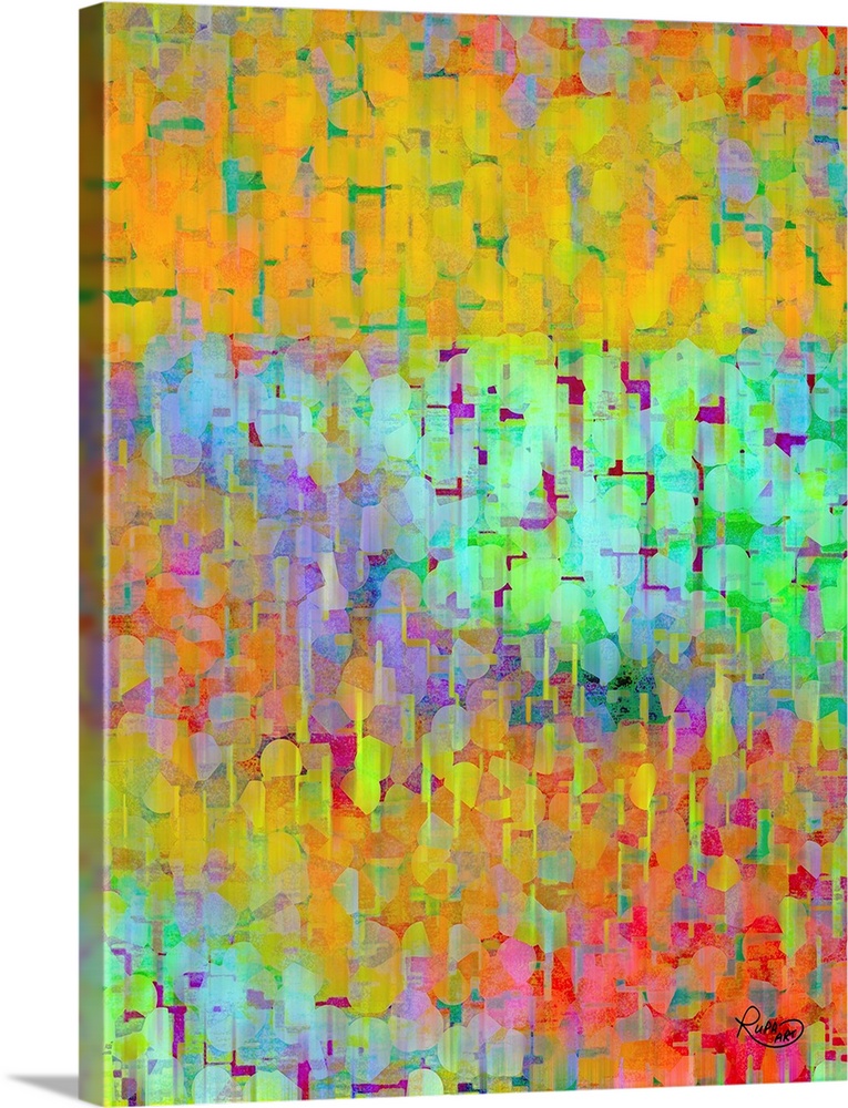 Vertical abstract artwork in a rainbow of colors with circular and line shapes.