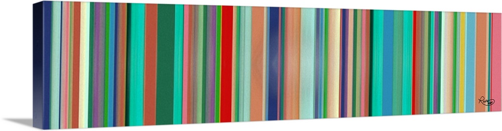 Panoramic art with colorful vertical lines.
