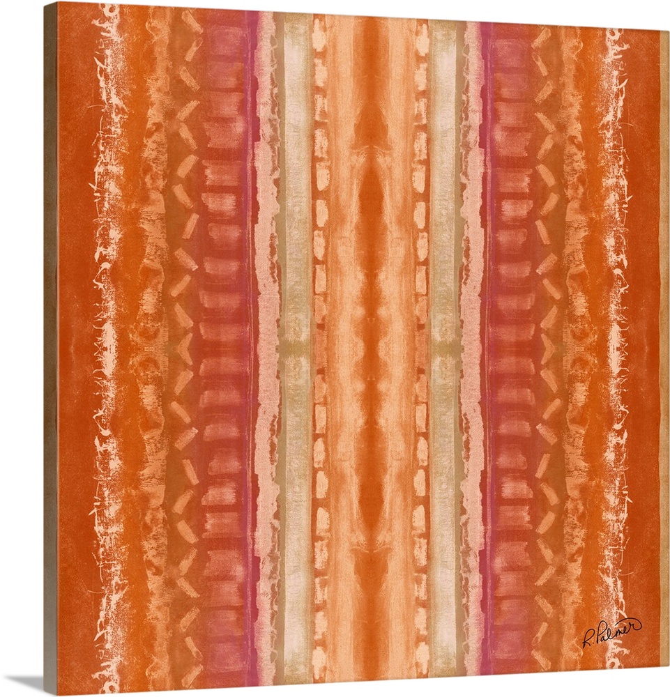 Square contemporary artwork of vertical textured lines in different designs against an orange background.