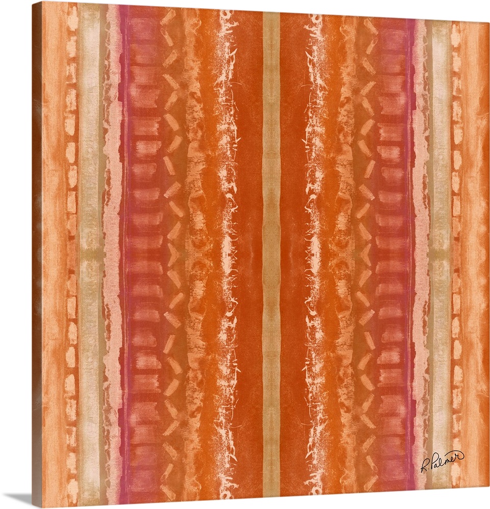 Square contemporary artwork of vertical textured lines in different designs against an orange background.