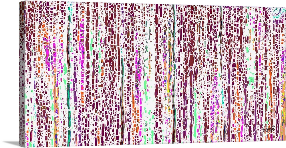 Contemporary abstract art of cascading dots in vibrant pink, green, and dark red.
