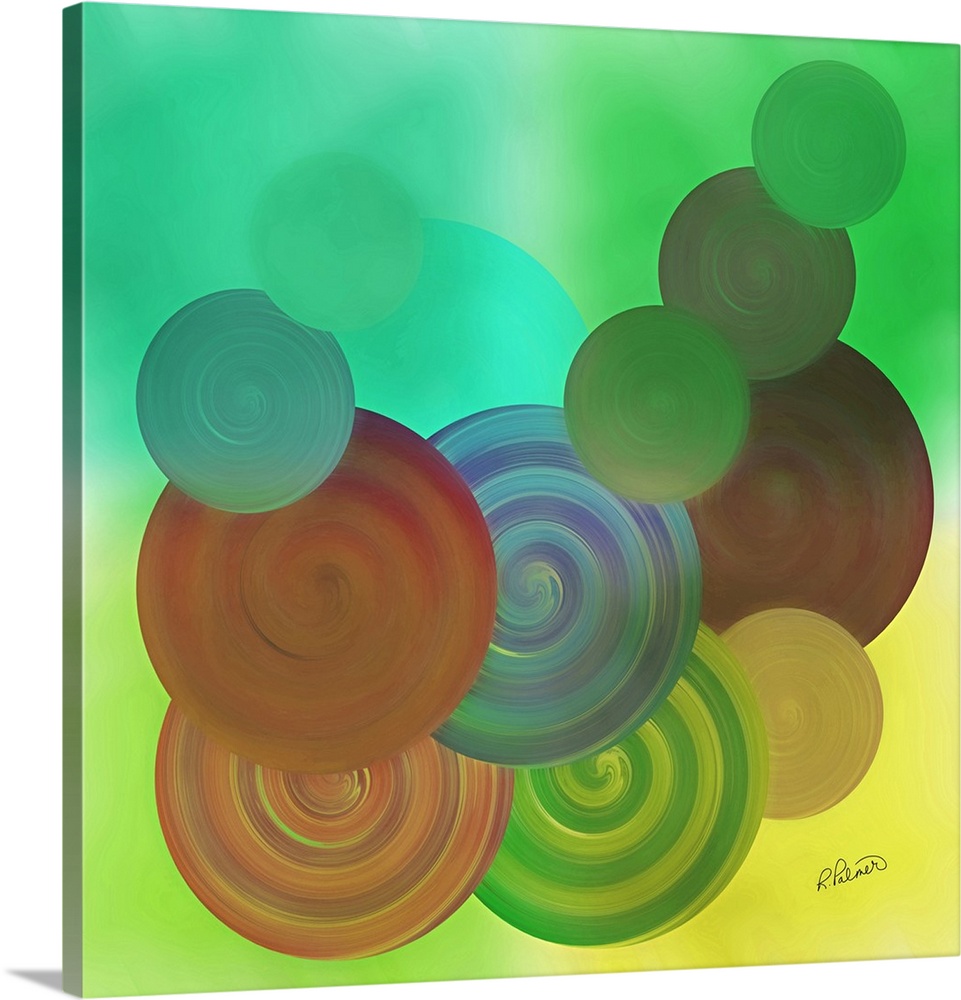 Varies sizes of circles in different colors overlapping each other on a bright green and yellow backdrop.