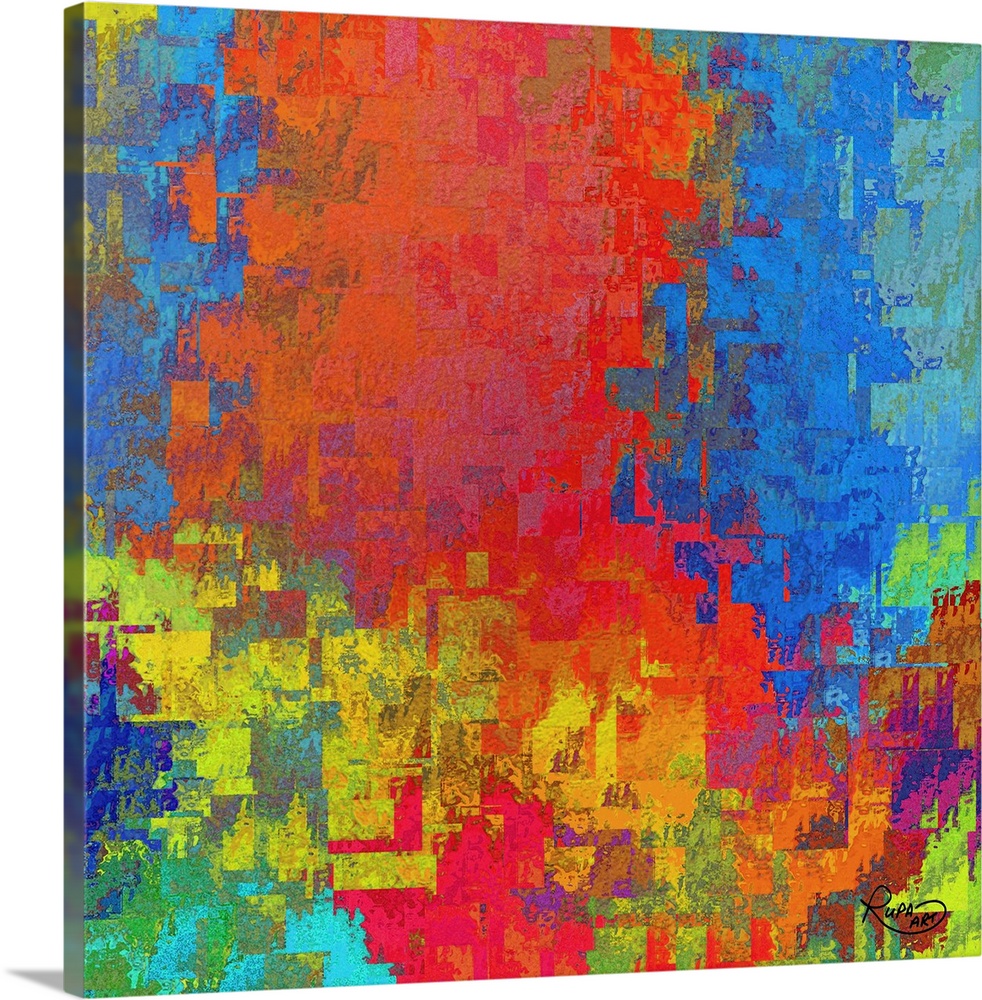 Square abstract art with shapes and textures layered together in all colors of the rainbow.