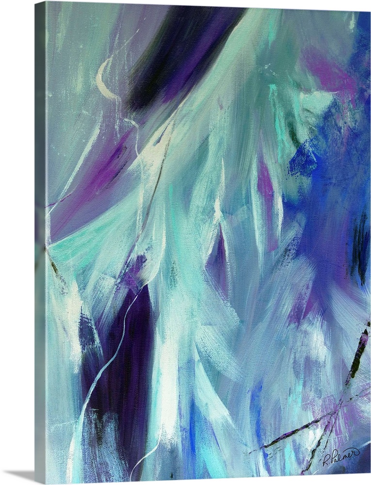 Abstract painting created with shades of blue, purple, black, and white blended together.