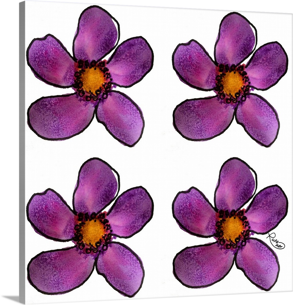 Square watercolor painting of four purple flowers.