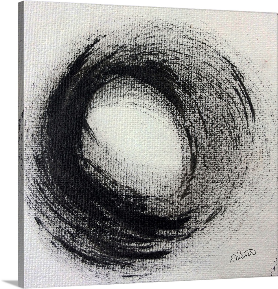 Square abstract painting with a large circle in the center on a white-gray background.