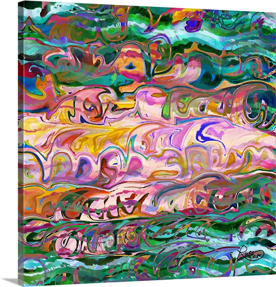 Square abstract art with wave-like patterns of bright colors meshed together.