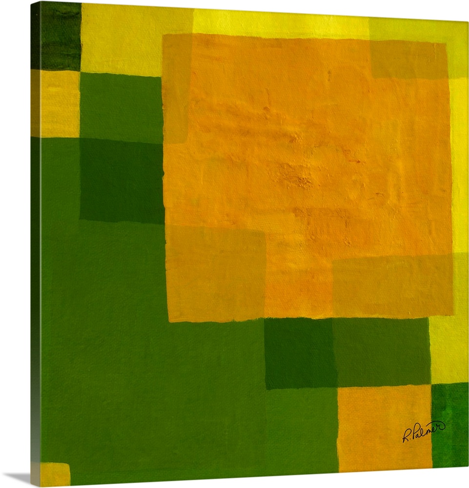 Square abstract painting with layered geometric squares in shades of green and yellow.