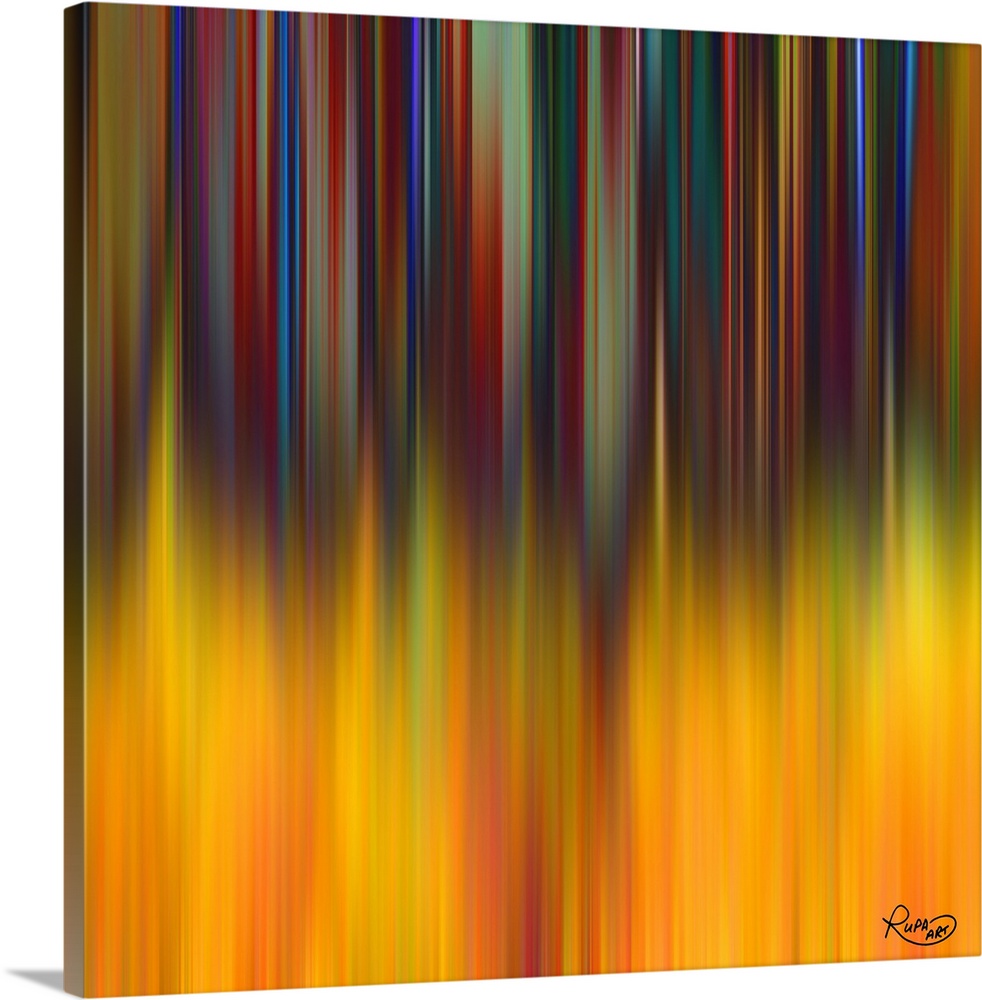 Square abstract art with dark, colorful hues in thin, vertical lines falling from the top down to the bottom turning into ...