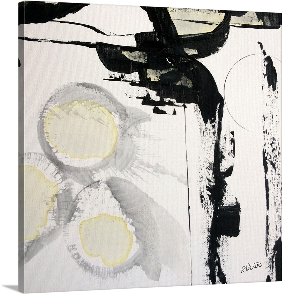 Square abstract painting in black, white, gray, and yellow hues with bold brushstrokes creating movement and circular shap...