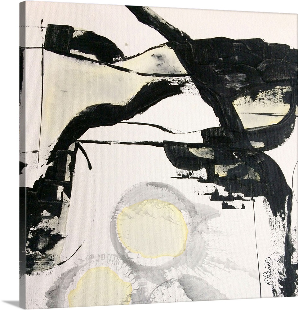 Square abstract painting in black, white, gray, and yellow hues with bold brushstrokes creating movement and circular shap...
