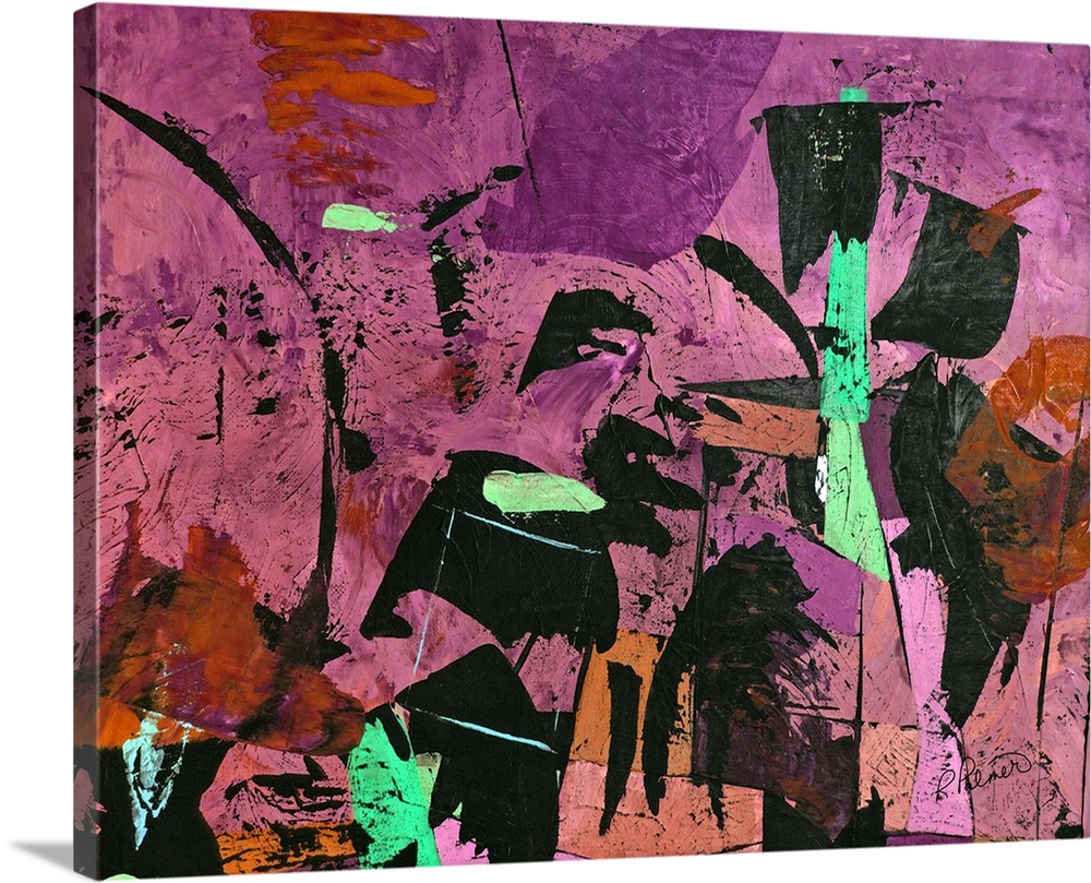Abstract painting with various shades of pink and purple on the background and bold black markings topped with bright gree...